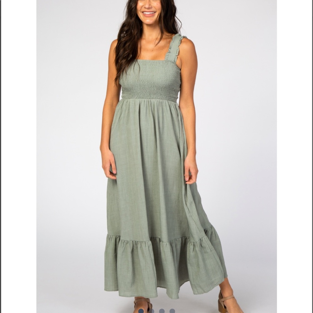 Pink Blush green ruffle smocked maxi dress